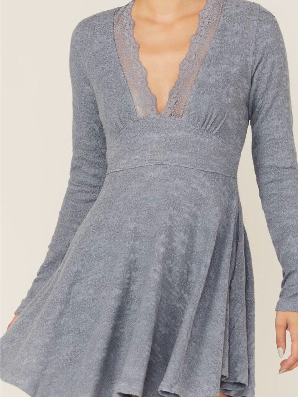 NWOT Free People All Yours Long Sleeve Mini Dress Blue Lace Trim Size M Boho - Picture 2 of 11